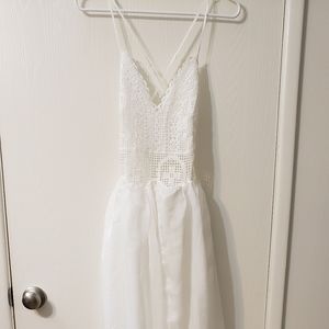 White floor length crochet and mesh dress